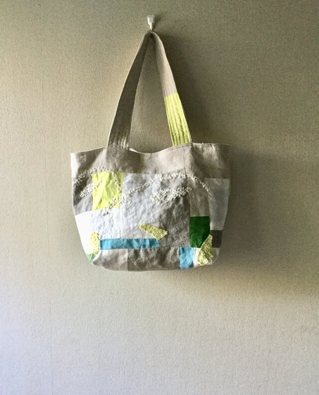 リネンの刺し子とコラージュバッグ 「春霞」