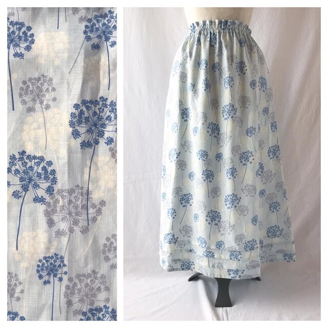 【リネン】レディのためのシンプルAラインスカート（レースフラワー：ブルー）