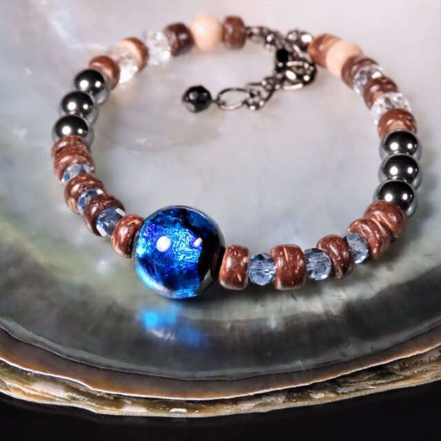 とんぼ玉 ブレスレット メンズ MLサイズ ヘマタイト ほたる玉 12mm 沖縄 琉球 お土産 工芸 ブルー