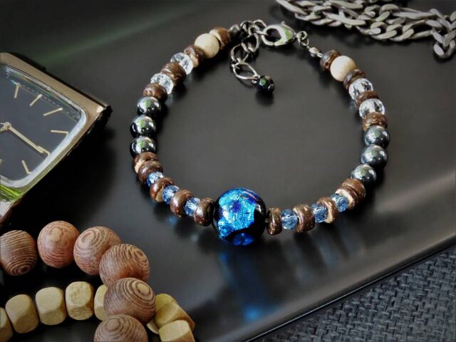 とんぼ玉 ブレスレット メンズ MLサイズ ヘマタイト ほたる玉