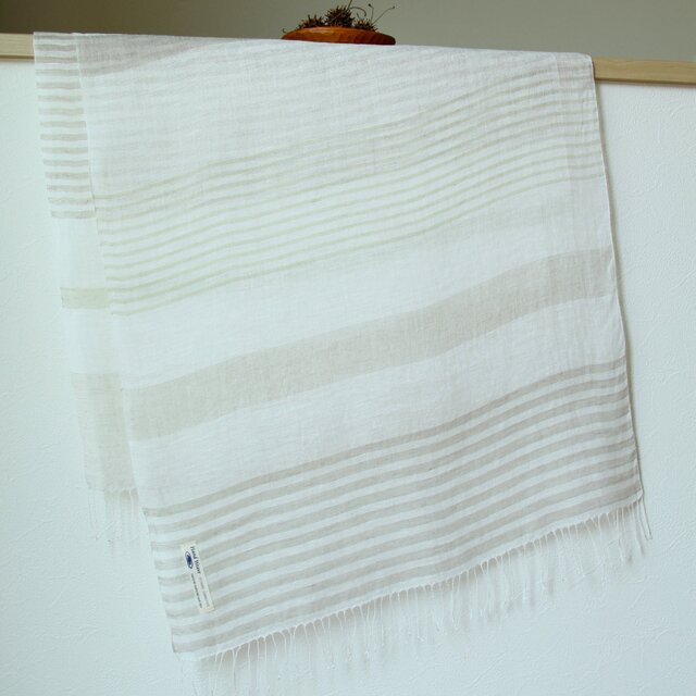 手織り・草木染め リネン大判ストール　ボーダー