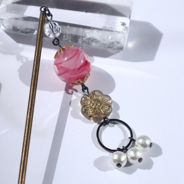 かんざし 一本 とんぼ玉 普段使いにもおすすめ 大阪のガラス工芸品 ピンク