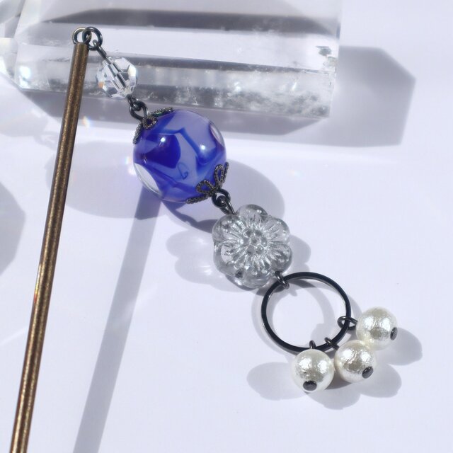 かんざし 一本 とんぼ玉 普段使いにもおすすめ 大阪のガラス工芸品 ブルー 青