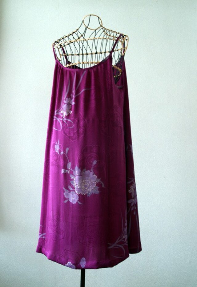 ★着物リメイク　ワンピース　古布　アンティーク　紫★ 2079e リメイク着物ロングワンピース 帯サッシュベルト付き 和洋折衷 優しい