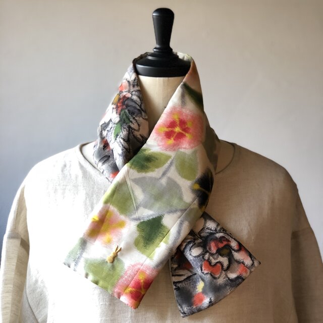 銘仙×リネン刺繍の小さな襟巻き2008 ストール ネックウォーマー プチマフラー リバーシブル 着物リメイク