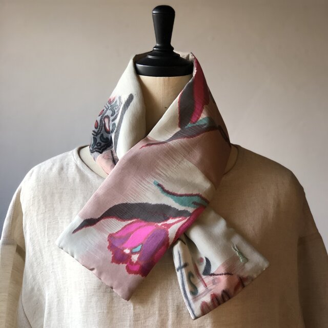 銘仙×リネン刺繍の小さな襟巻き2011 ストール ネックウォーマー プチマフラー リバーシブル 着物リメイク
