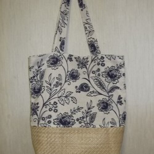 藍花柄のインド綿といぐさのトートバッグ