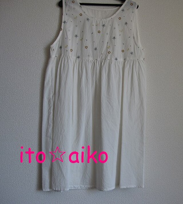 キラキラ三日月☆爽やかコットンワンピース♪（シロ）