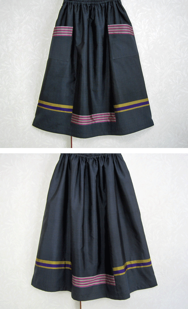 着物リメイク♪大島紬とピンクの縞ポケットが可愛いスカート（裏地付き）：丈78cm | iichi ハンドメイド・クラフト作品・手仕事品の通販