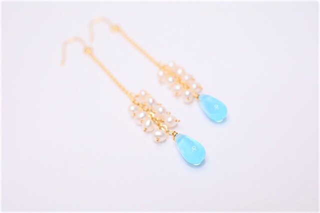 マーメイド/淡水パールとミルキーアクアドロップピアス Mermaid pierced earrings P0083の画像1枚目