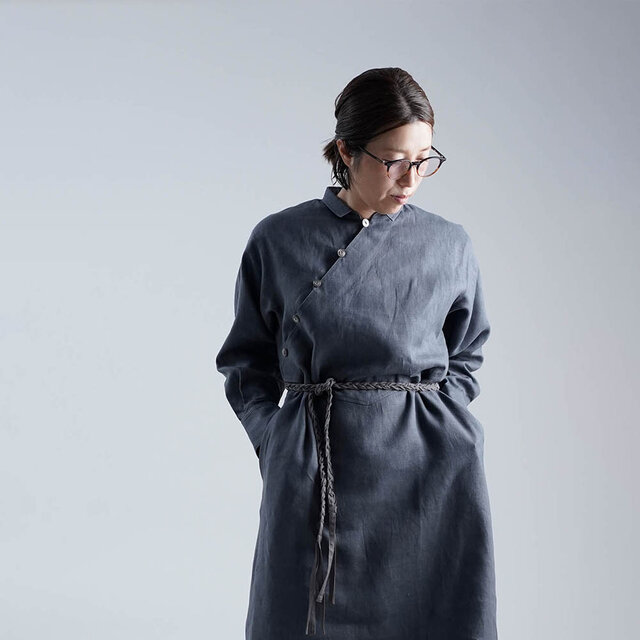 【wafu】Linen Dress ちび襟 ロング丈 ワンピース / ディムグレー a028h-dmg2