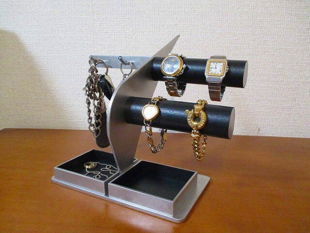 時計スタンド 腕時計、キー、ダブルトレイスタンド ブラック 受注制作
