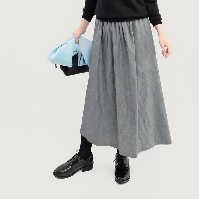 岡山デニム 毎日を上質に心地よく グレー ヘリンボーン ギャザー ロングスカート ●ANIS-SK●
