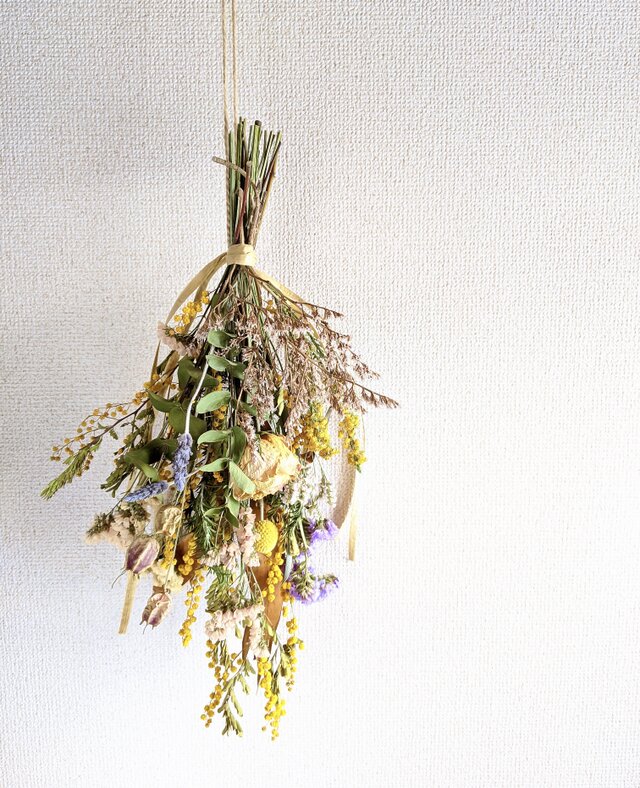 母の日に！自家栽培ハーブのミモザとタタリカとスターチスのドライフラワー・スワッグ
