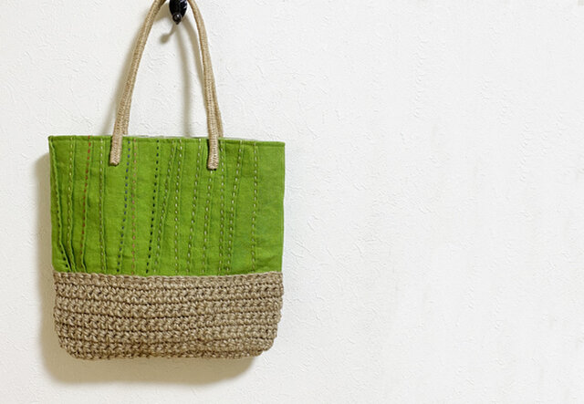 ステッチ模様のきみどり麻かばん Iichi ハンドメイド クラフト作品 手仕事品の通販