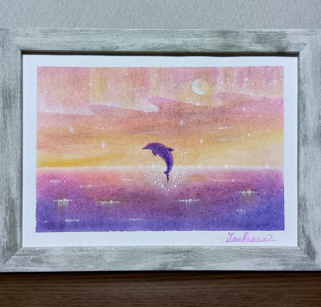 海とイルカのパステルアート Under the Aurora オーロラの下で