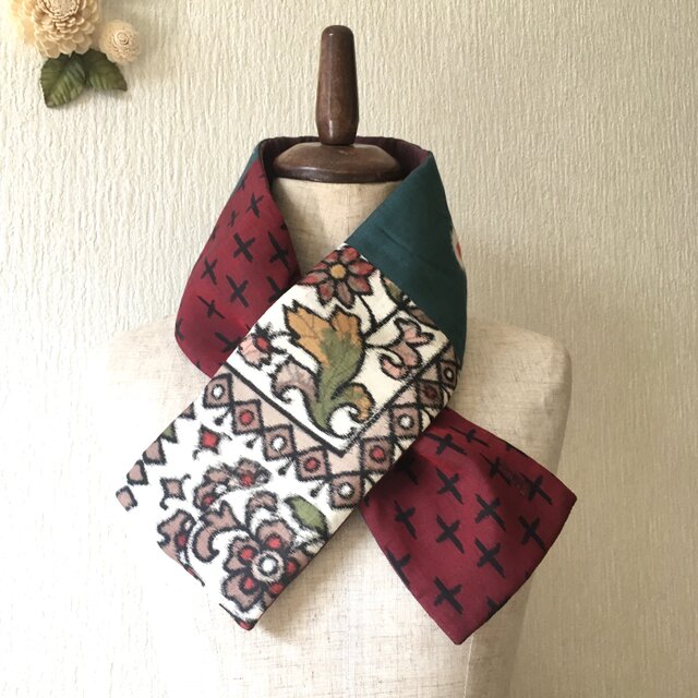 銘仙×コットン刺繍の小さな襟巻き2039C ストール ネックウォーマー プチマフラー リバーシブル 着物リメイク