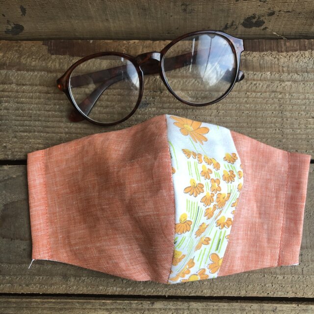 大人女子用＊Mサイズ＊人参色（にんじん）とビンテージ＊リネンさらし＊立体マスク44