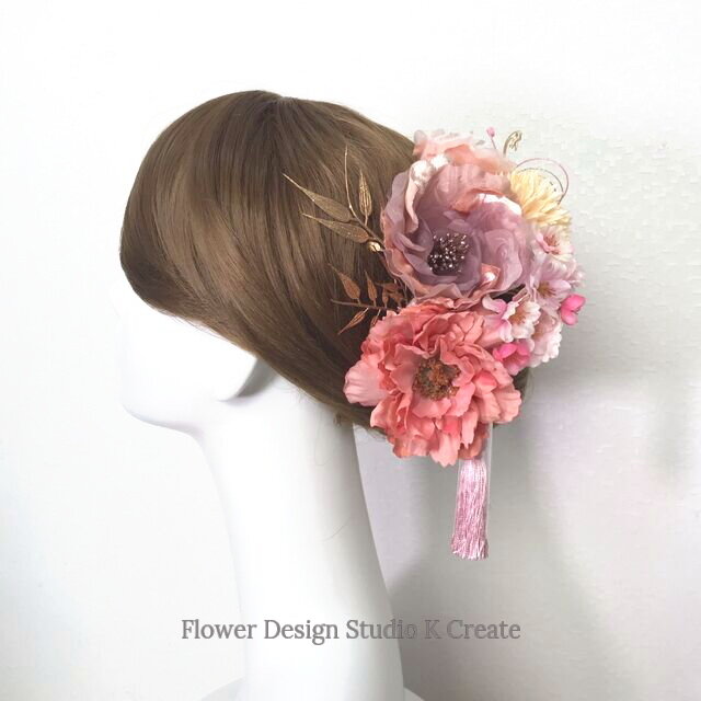 結婚式・成人式に♡モーブピンクの布花と桜のヘッドドレス（14本セット）　ダリア　布花　結婚式　成人式