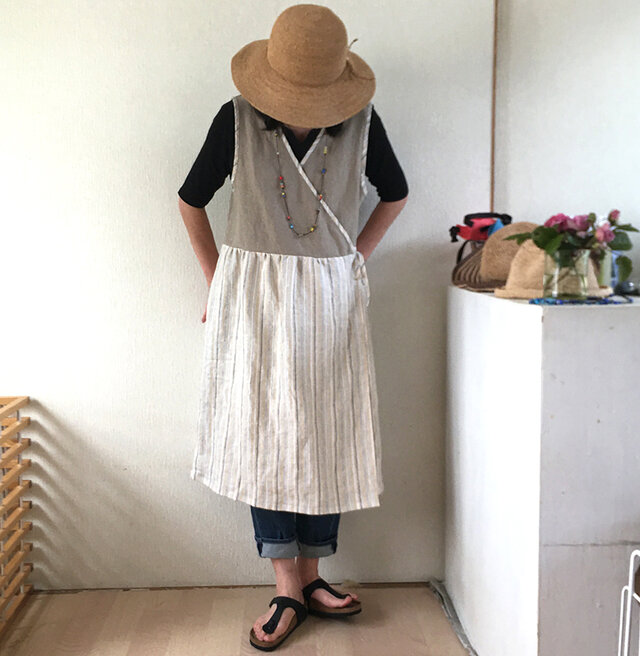 カシュクールワンピース　バニラ・ストライプ&フラックスカラー