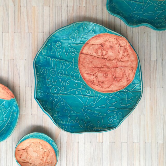 明るく、楽しく、美味しく！ トルコマット　大皿３ ターコイズブルー