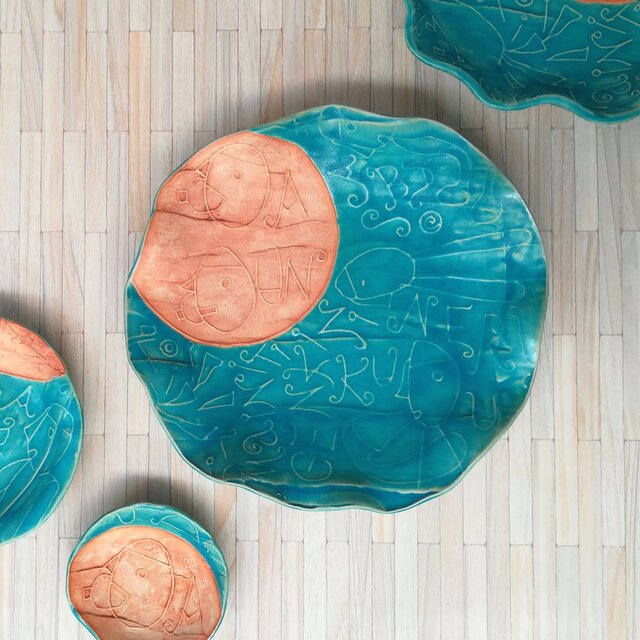 明るく、楽しく、美味しく！ トルコマット　大皿８ ターコイズブルー