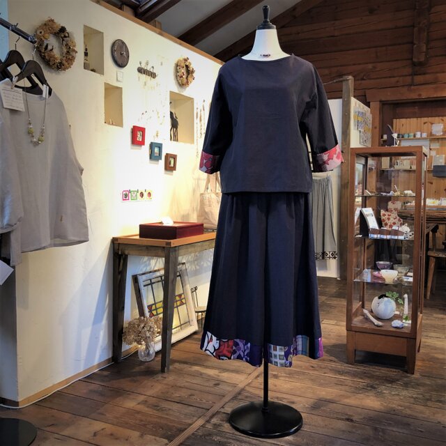 銘仙と播州織のセットアップ＜霜月の紫＞プルオーバーブラウス＆ガウチョパンツ2点セット*銘仙リメイク 古布 パッチワーク