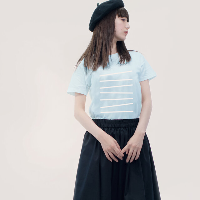 ★大人のPOPなTシャツ★水色×白 ボーダー ●POMPON-BORDER-AQUA×SNOW●MまたはLサイズの画像1枚目