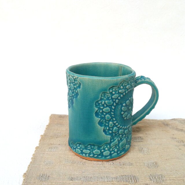 レースマグカップ　トルコマット　ターコイズブルー
