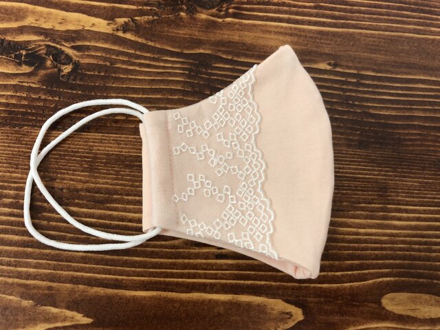 口元レディな小顔マスク ピーチピンク&白レース PK3の画像1枚目