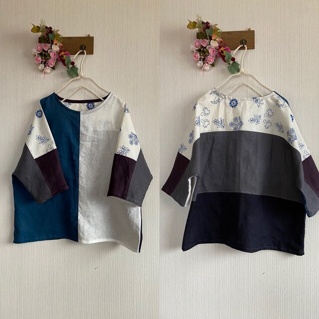 リネン、北欧調コットンのドルマンスリーブプルオーバマスク付き