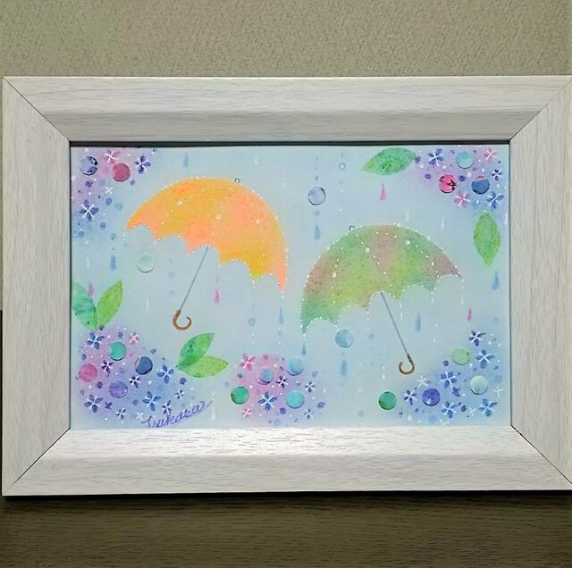 パステルアート 雨光り傘踊る梅雨景色 パステル画原画 | iichi