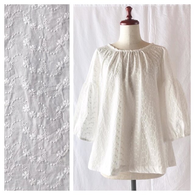 清らか華やかなマチエールブラウス：タイ無し（オフホワイト：花リボンレース）