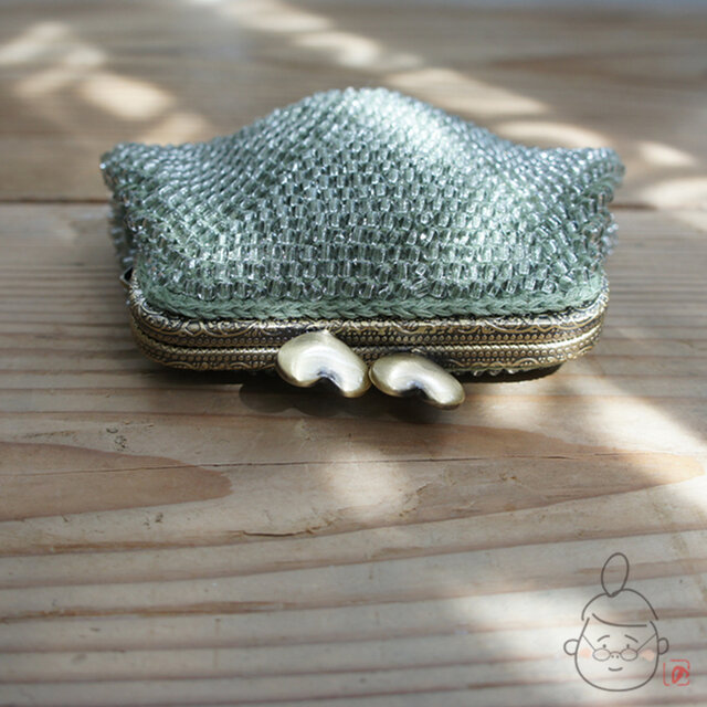 ばあば作♥総ガラスビーズのスクエアがま口　(matcha・1181)