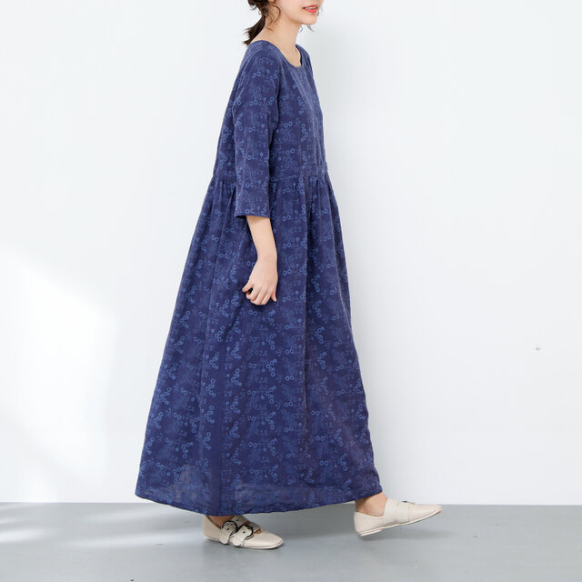 (再販×4)高級花柄刺繍入り リネン ギャザー ロングワンピース ♪オーダーサイズ可の画像1枚目