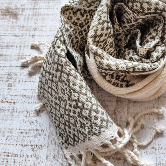 再販　上質コットン手織り　浮き織り　ミニマフラー　ミニストール　*オリーブグリーン　