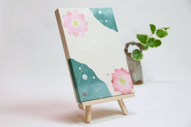 和紙貼り絵原画【水はす】-サムホールサイズの画像1枚目