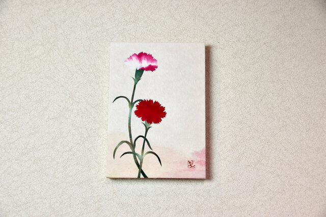 母の日5/9まで特別価格★和紙貼り絵原画【カーネーションA】-サムホールサイズの画像1枚目