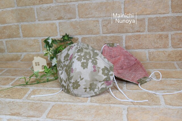【夏マスク】涼しい肌触りのリネン立体マスク:オリーブ花柄(レディース・ジュニアサイズ)の画像1枚目