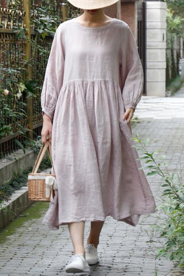 【受注製作】100%亜麻・ロングワンピース オーダーメイド 豊富な色Kpo34の画像1枚目