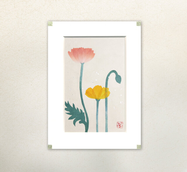 和紙貼り絵原画【ひなげし】-ペーパーフレームの画像1枚目