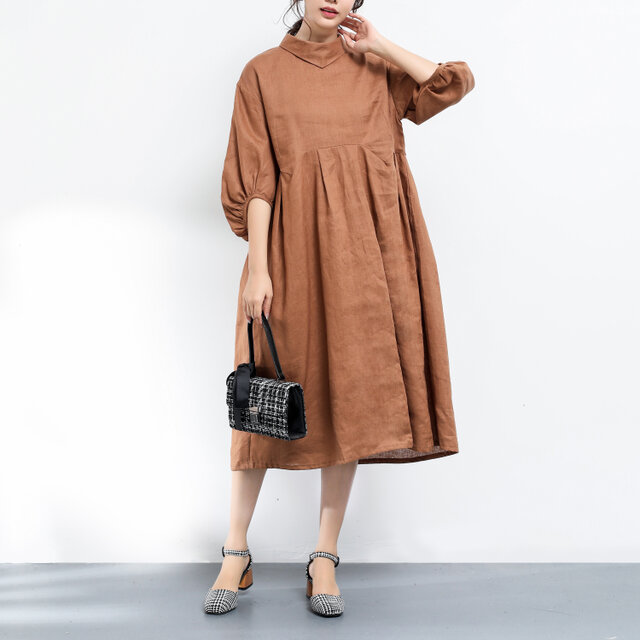 リネン100％　リボン　ワンピース ♪オーダーサイズ可