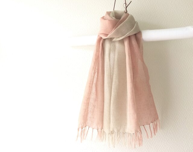 手染め上質リネンストール beige × terracottaの画像1枚目