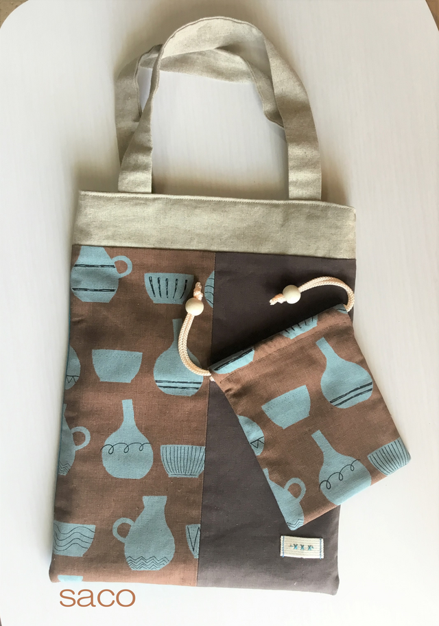 手提げバッグ・ブラウン×ブルー（ミニ巾着付き）