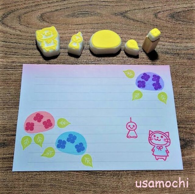 レインコートの猫とあじさいの消しゴムはんこセットA  iichi 