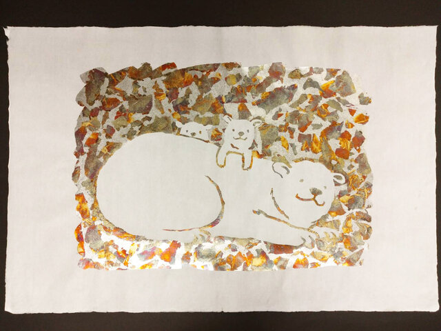 ギルディング和紙 大 polar bear シロクマ 白和紙 銀箔黃混合箔の画像1枚目