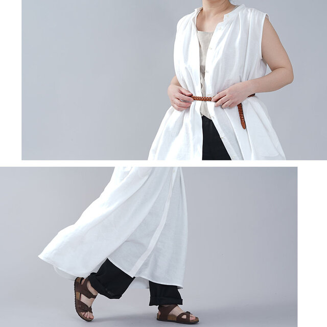 wafu】風がぬける Linen Dress ノースリーブ 比翼 ワンピース