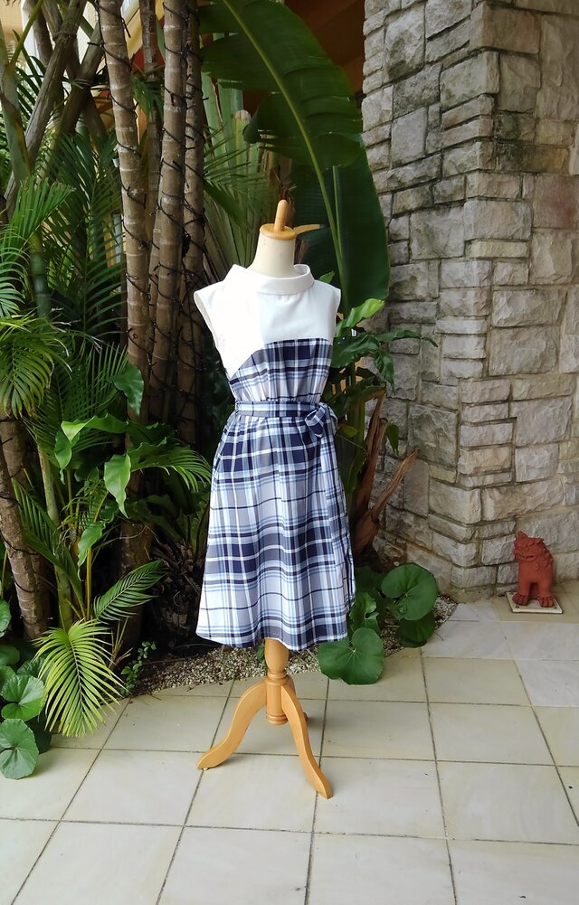 美品✨ 45R チェック柄 コットンロングワンピース ネイビー 0 0.jpg