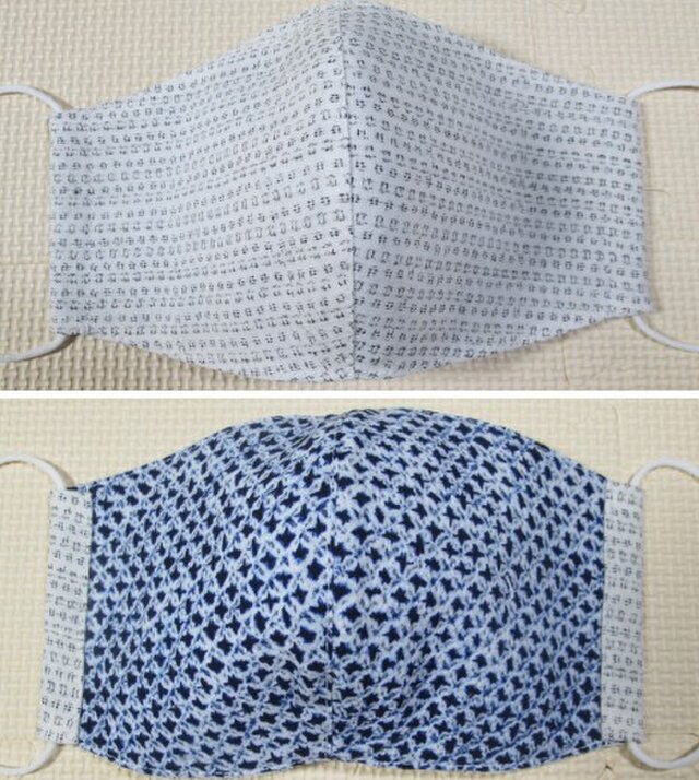 再出品 リバーシブル能登上布(本麻)と有松鳴海絞り着物地立体マスクの画像1枚目
