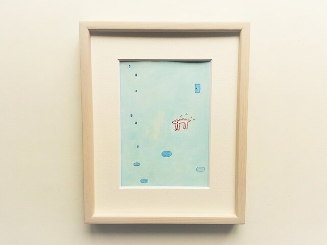 「雨と白い犬」イラスト原画 ※木製額縁入りの画像1枚目